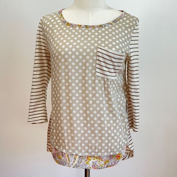 Anthropologie Postmark Top - Small - White/Tan Polka Dots Stripes and Floral - Picture 1 of 13
